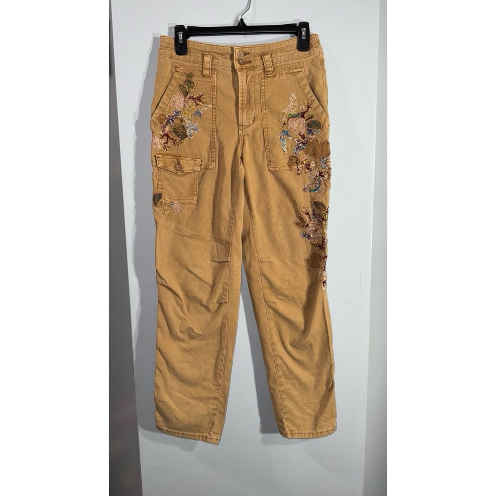 Anthropologie The wanderer embroidered cargo pants tan boho mid rise size 26" - Picture 3 of 12